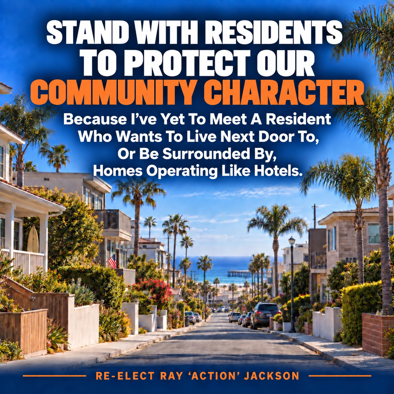 Graphic reading &ldquo;Stand With Residents to Protect Our Community Character&rdquo; over a photo of a palm-lined Hermosa Beach street leading to the pier.